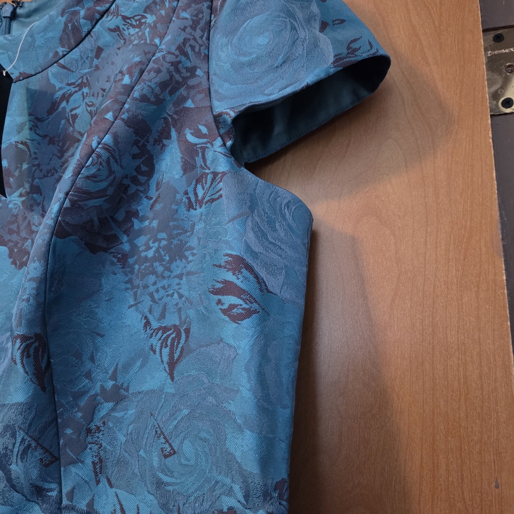 CARMEN MARC VALVO Teal Floral Jacquard Midi Dress Size 18 - Picture 5 of 11
